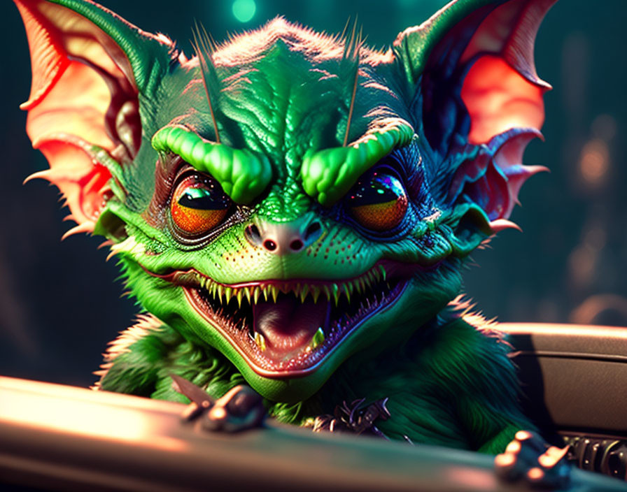 Green fictional creature with large ears, sharp teeth, and glowing orange eyes.