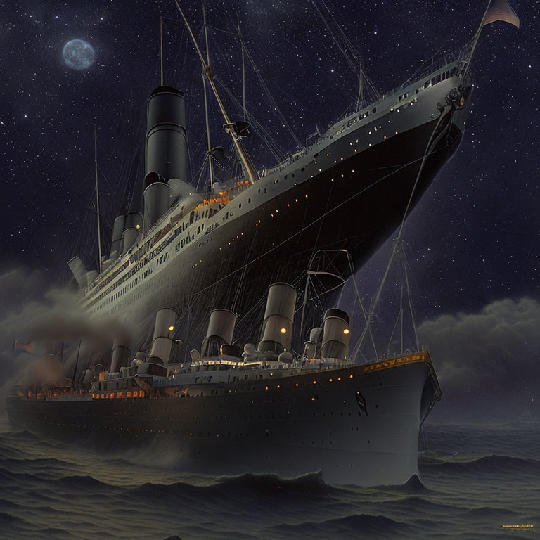 Illustration of Titanic at Night with Moonlit Sky and Smoke Billowing