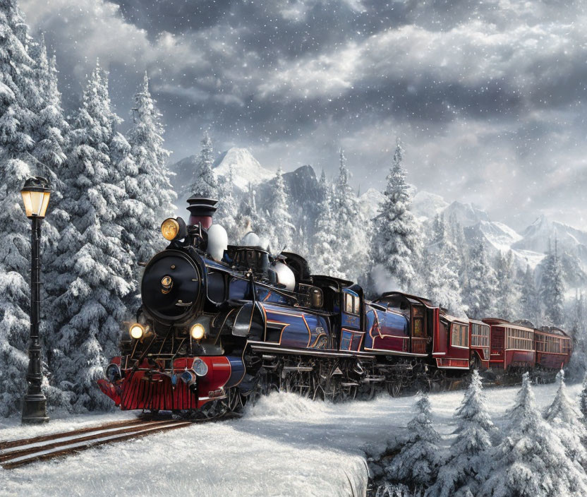 Snow-covered vintage train on track with snowy fir trees, mountains, and falling snowflakes.