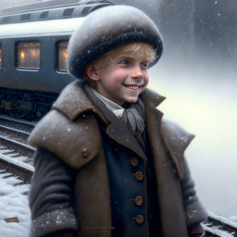 Young boy in winter attire with train and snowflakes background