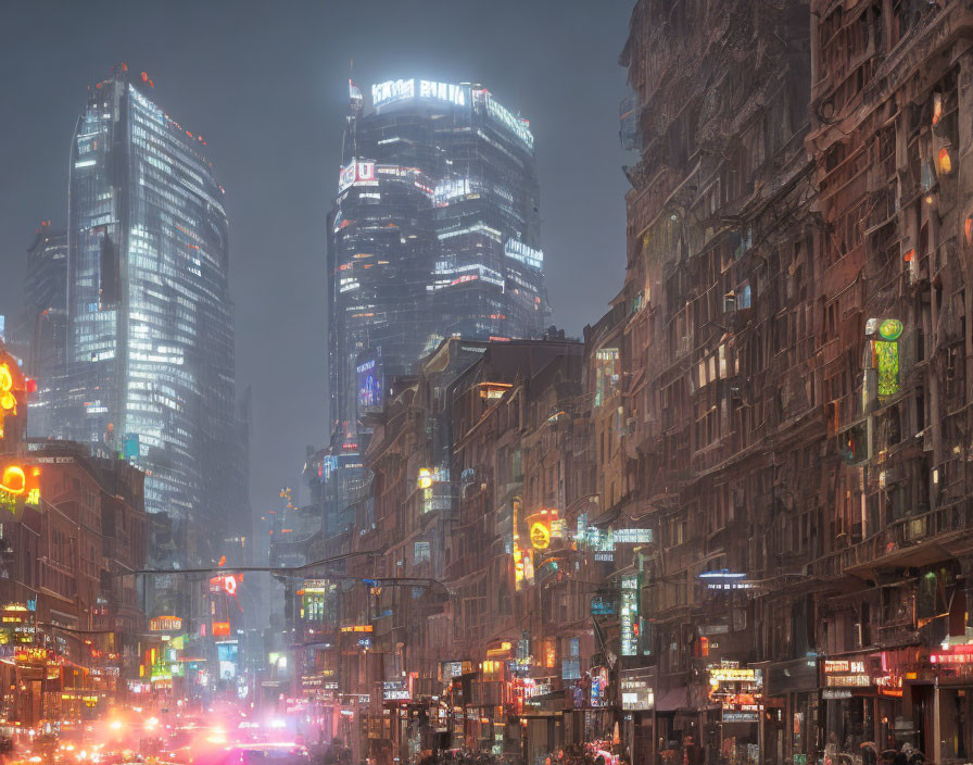 Nighttime futuristic cityscape with neon signs, misty skyscrapers, and bustling streets.