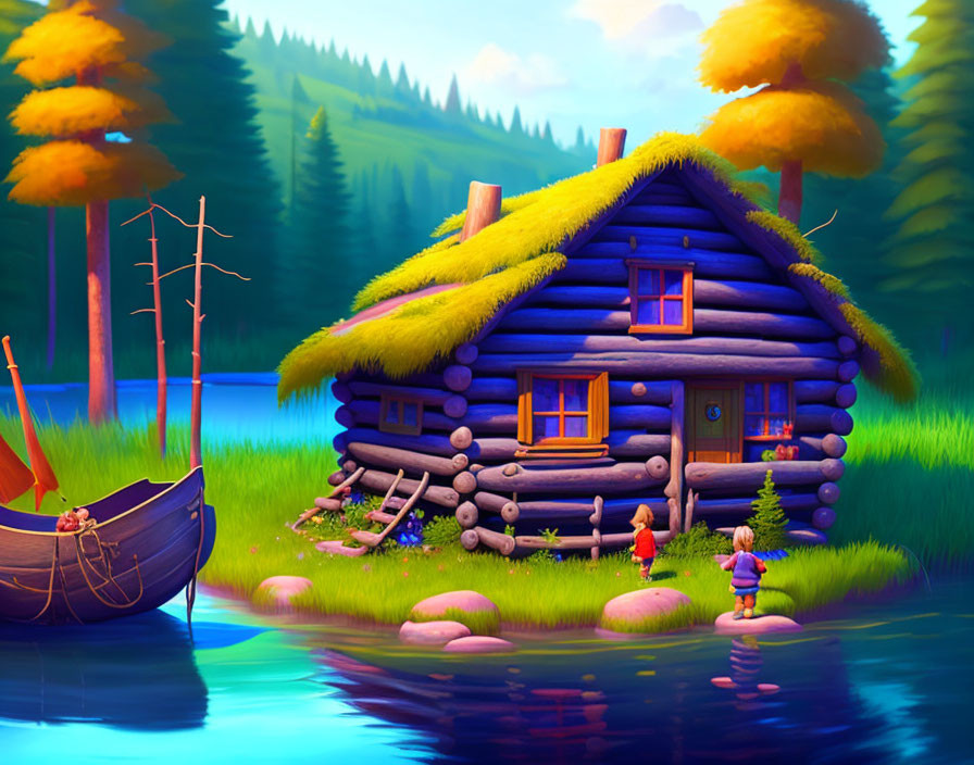 Vibrant illustration of log cabin by lake with canoe and characters