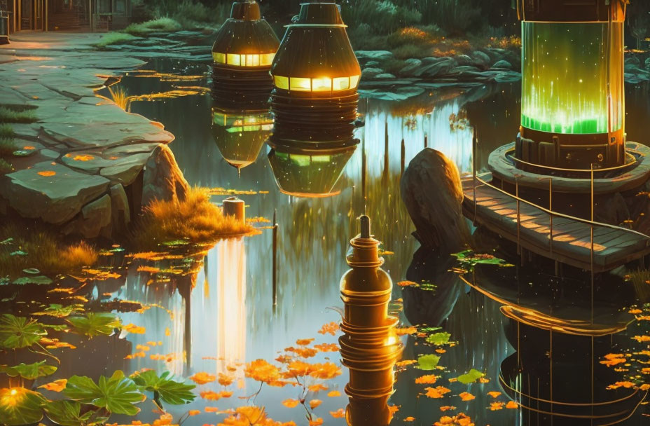 Tranquil pond scene with lanterns, fallen leaves, stone path, and chess sculpture