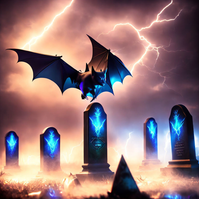 Digital artwork: Bat flying over glowing gravestones in mystical cemetery