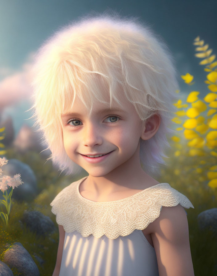 Young Child with Blond Hair and Blue Eyes Smiling in Sunny Floral Scene