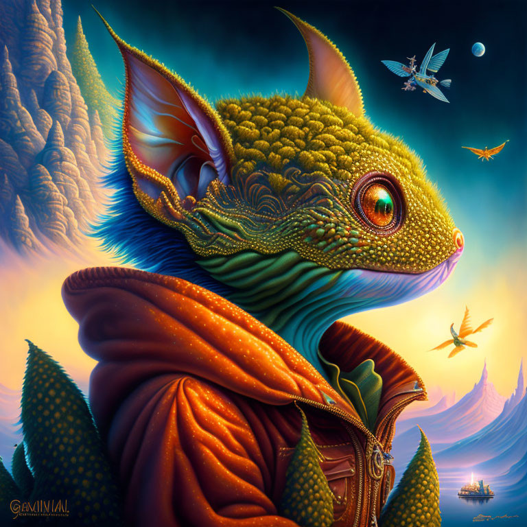 Fantasy creature in cloak with large ears, surrounded by birds and zeppelin in vibrant sky