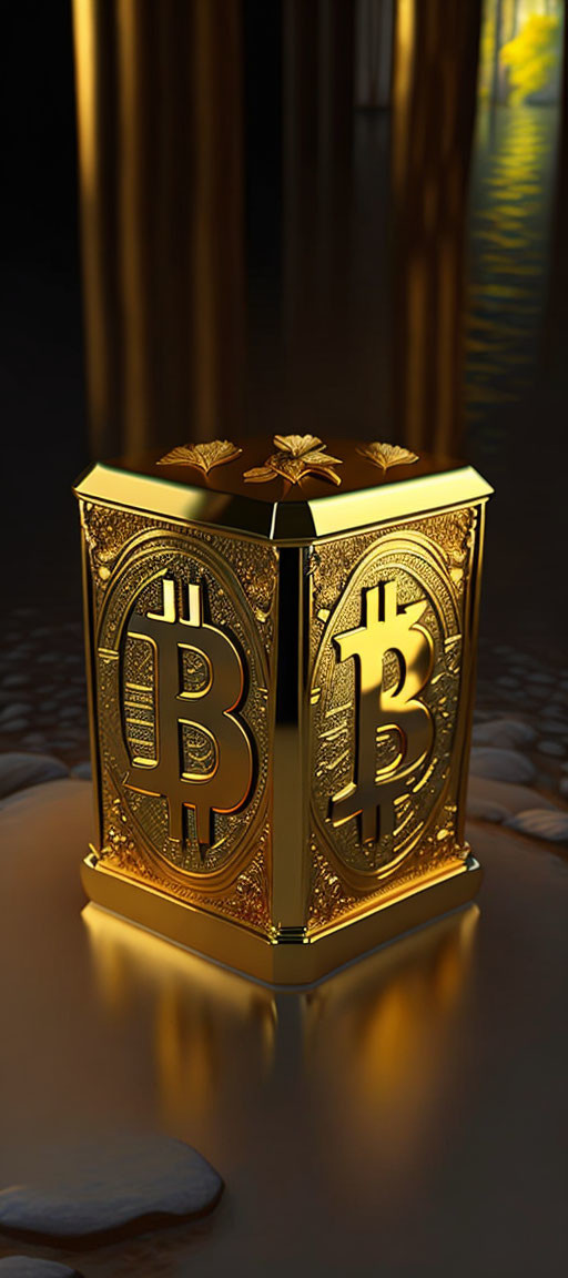 Glossy ornate trash bin with gold accents and Bitcoin logo by reflective water.