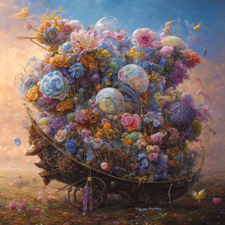 Colorful Flower Cart Overflowing in Vibrant Painting