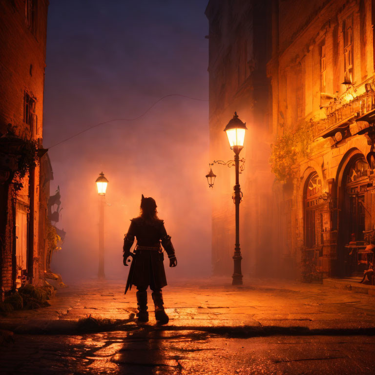 Mysterious figure in misty night street with historical buildings