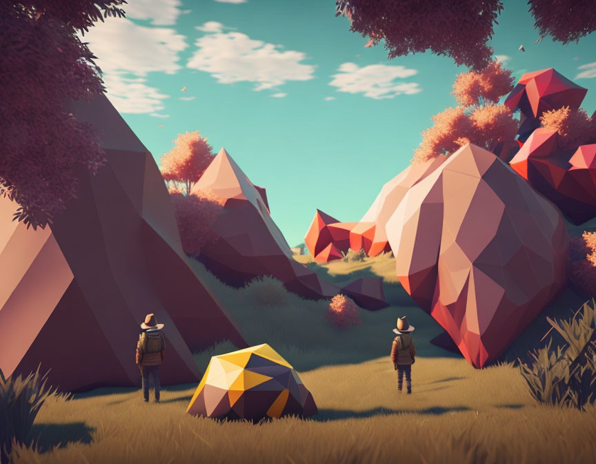 Colorful Low-Poly Landscape with Figures, Tents, Trees, and Mountains