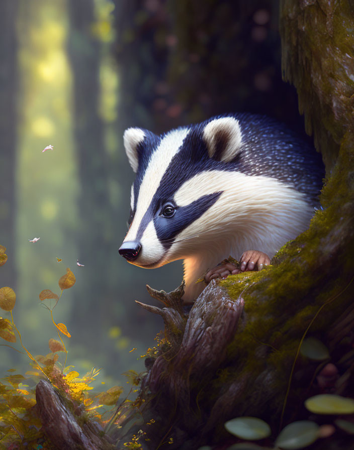 Badger in Tree Hollow Surrounded by Enchanting Forest Scene