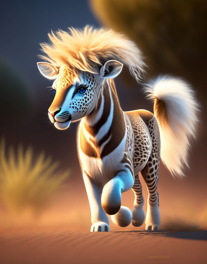 Hybrid creature with zebra body and lion features in savanna setting