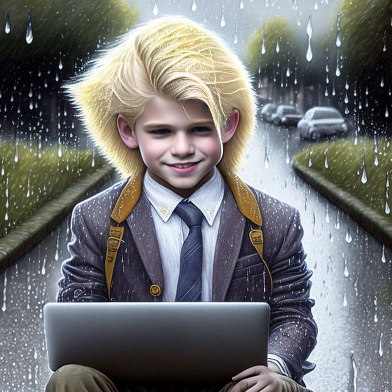 Blond-Haired Boy in Smart Attire with Laptop on Rainy Street