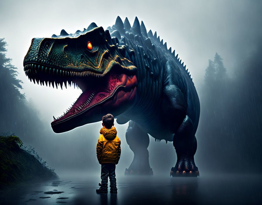 Child in Yellow Jacket Gazes at Huge Dinosaur in Rainy Forest