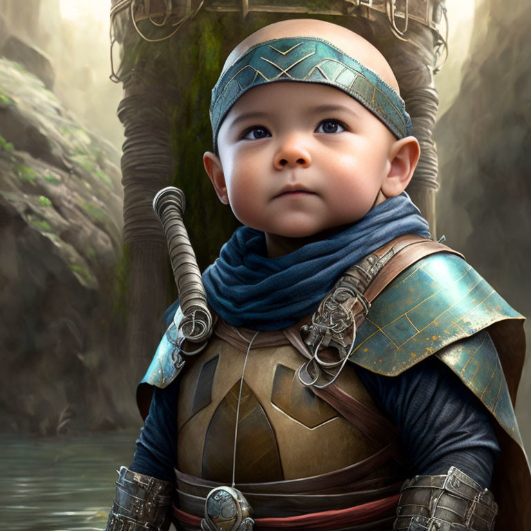Digital Artwork: Baby in Medieval Armor with Headband in Misty Forest
