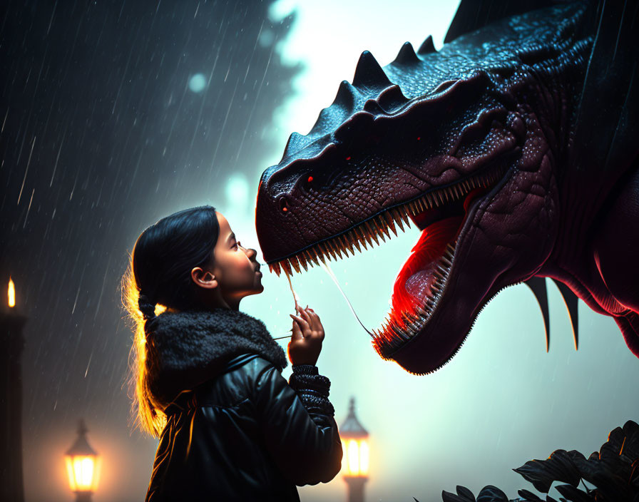 Girl in Black Coat Confronts Menacing Dinosaur in Snowy Night Scene