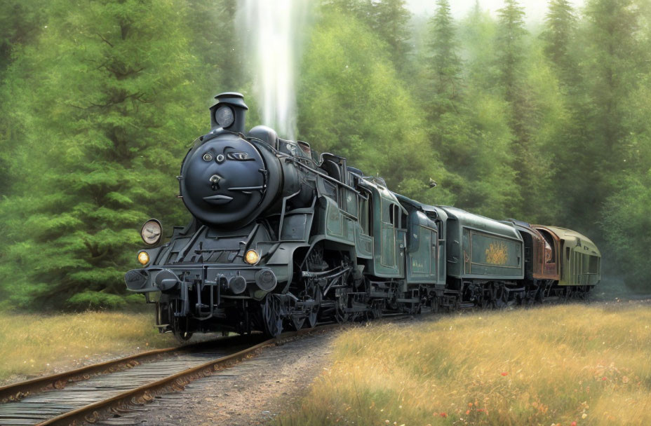 Vintage steam locomotive pulls passenger cars through misty forest