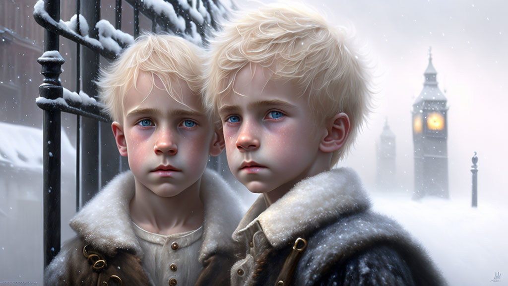 Young children in vintage winter attire with striking blue eyes against snowy Big Ben backdrop