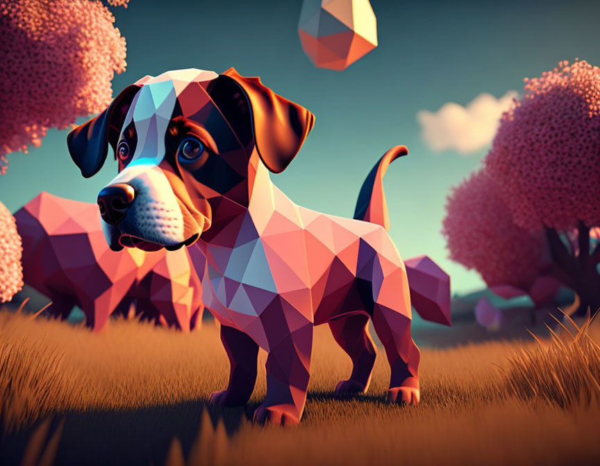 Colorful low-poly puppy illustration in geometric landscape