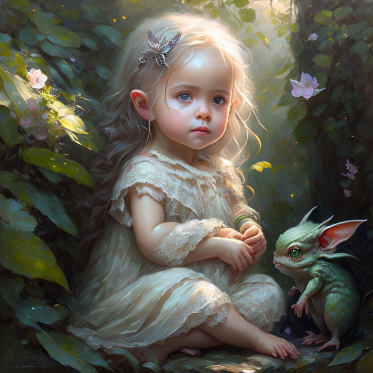 Young girl with elfin features gazes at miniature dragon in lush greenery