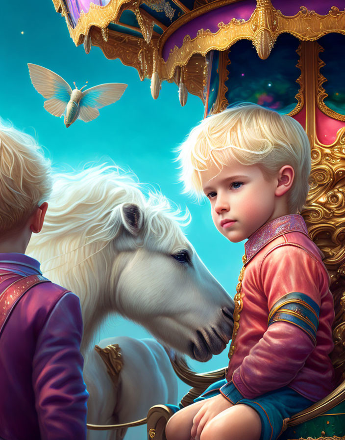 Blonde boy in regal attire gazes at unicorn on golden throne