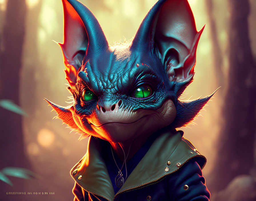 Stylized creature with large ears and blue skin in jacket against forest background