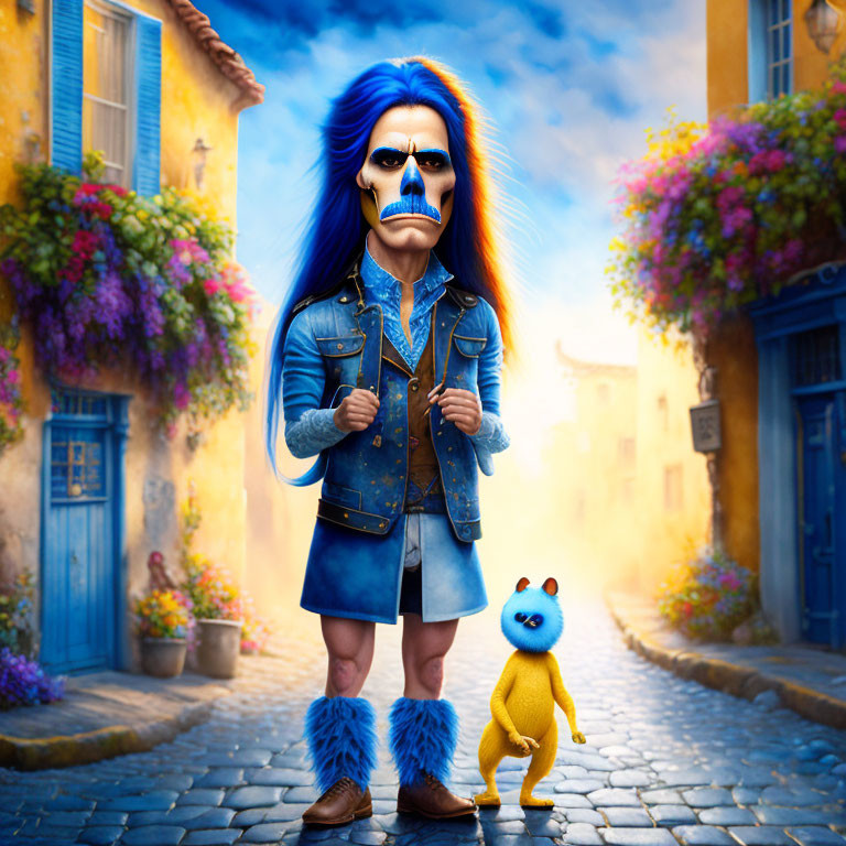 Stylized character with blue mohawk and skull face walks on cobblestone street
