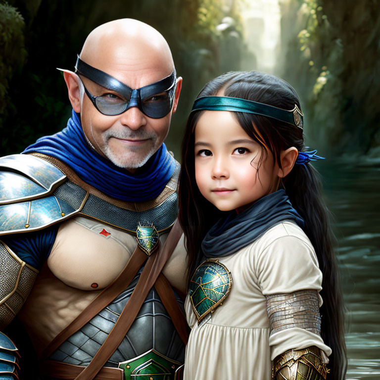 Fantasy-style warrior and young girl in mystical forest setting