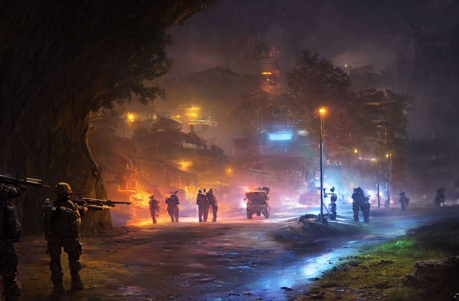 Armed soldiers patrol misty, tree-lined street at night.