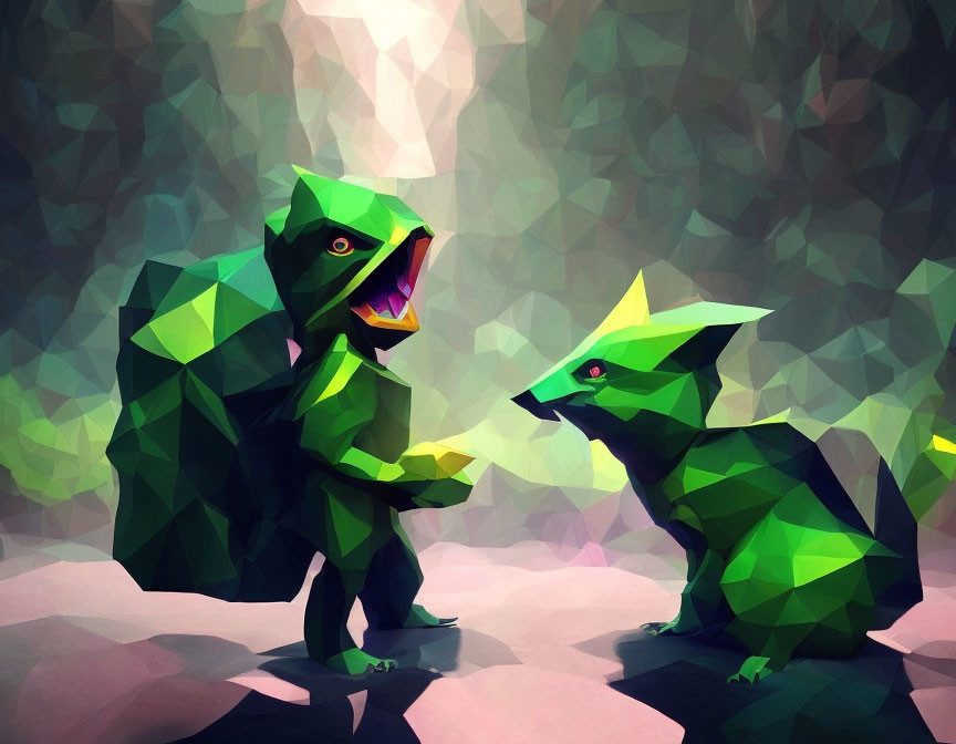 Stylized Low-Poly Green Dinosaurs Playful Interaction