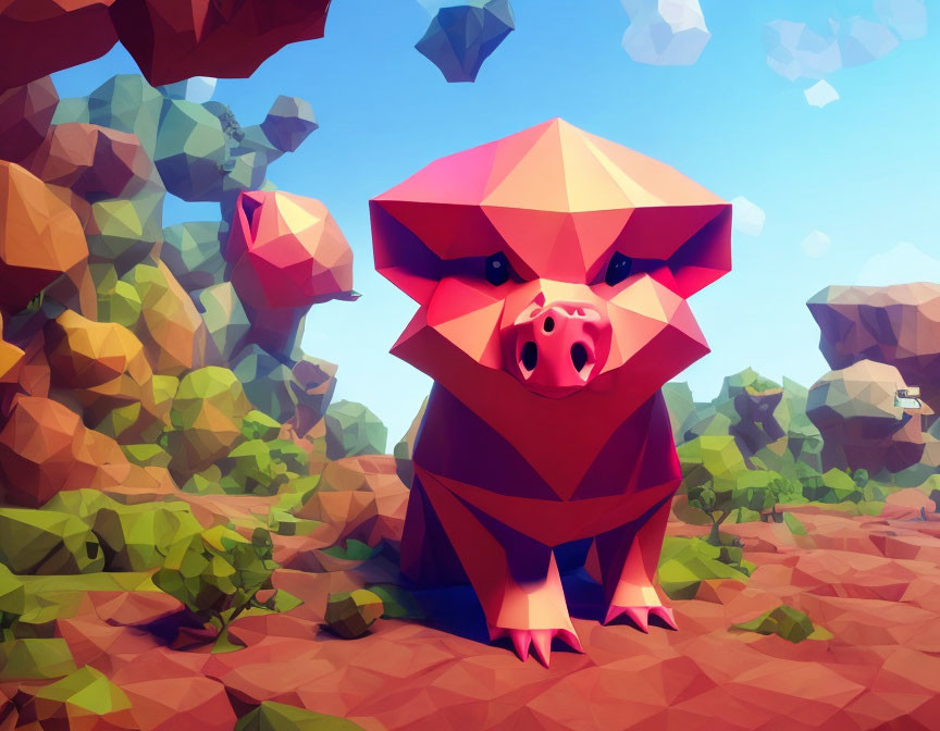 Pink pig in low-poly style on colorful landscape