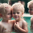 Children hugging in pool with frozen water droplets