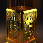 Golden Bitcoin Symbol Cube with Pastoral Landscape Art in Forest Setting