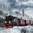 Snow-covered vintage train on track with snowy fir trees, mountains, and falling snowflakes.