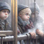 Children in winter clothing looking through snowy gate with curious expressions