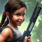Young girl with braided hair smiling in forest with rifle on back