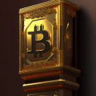 Golden Bitcoin Emblem on Pedestal in Moonlit Canyon with Foxes