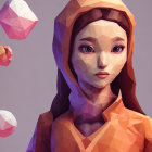 Low Poly Digital Artwork: Woman in Hood with Geometric Shapes & Pastel Colors
