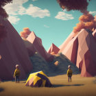 Colorful Low-Poly Landscape with Figures, Tents, Trees, and Mountains