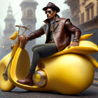 Person in leather jacket and sunglasses on banana-shaped motorcycle in foggy city.