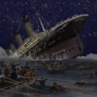 Artistic rendition of Titanic at sea with lifeboats under starry sky
