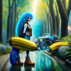 Blue-Haired Female Character with Giant Caterpillar on Vintage Bicycle in Fantastical Forest Setting