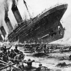 Vintage ocean liner sinking in rough seas with distressed passengers and lifeboats