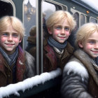 Smiling children in snowy train scene with winter wonder