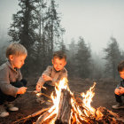 Children smiling at campfire in forest clearing at dusk