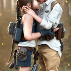 Animated characters embrace in a forest with gadgets on belt, sharing a serene moment