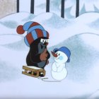 Animated squirrel and plush seal toy on sled in snowy landscape