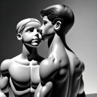 Monochrome digital artwork of two polygonal human figures in a close, face-to-face pose.