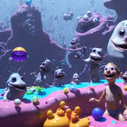 Colorful 3D illustration of boy and monsters on blobby landscape