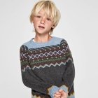 Blond-Haired Child in Grey Sweater on White Background